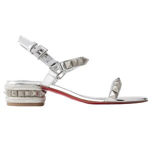 Christian Louboutin Pyrasand 30 Silver Leather Blok Heel Ankle Strap Sandal 38.5